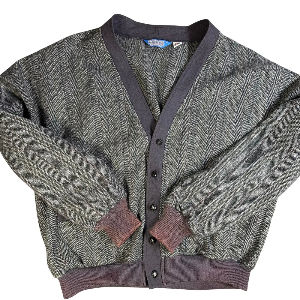 Vintage Pendleton Mens 1X Virgin Wool Herringbone Cardigan Gray Made in USA